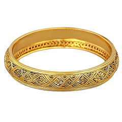 Elegant gold bangle bracelet with intricate design, isolated on a white background.
