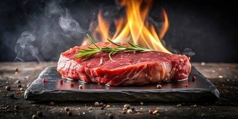 Tender beef rump steak sizzling on a dark black stone table under warm studio lighting, beef, kitchen, beef
