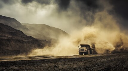 Mining truck, dust storm, quarry, transport, heavy industry