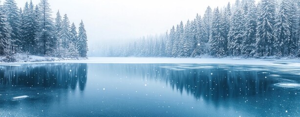 Fototapeta premium Winter Wonderland: Serene Frozen Lake Reflected in a Snow-Covered Forest