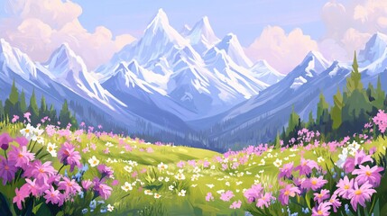 Fototapeta premium Vibrant Spring Landscape with Snow-Capped Mountains and Colorful Wildflowers