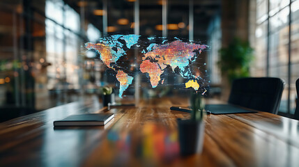 colorful world map is projected in modern office setting, blending technology with creative workspace. vibrant map adds dynamic element to sleek, wooden conference table