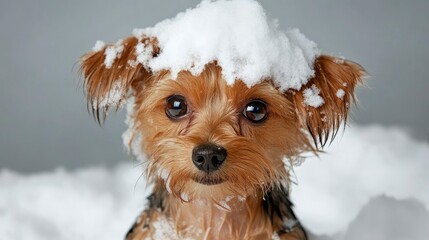 Adorable Yorkshire Terrier Puppy Covered in Snow, Winter Fun