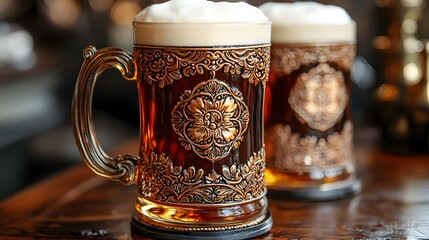 Close-up of vintage Irish beer mugs with intricate designs, filled with frothy beer