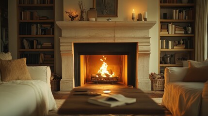Cozy living room fireplace burning, bookshelves, relaxation