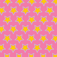 Obraz premium Stars Seamless Pattern. Seamless Blue and yellow Stars Pattern on Pink Background. Good for fabric, textile, pajama, linen, wallpaper, background