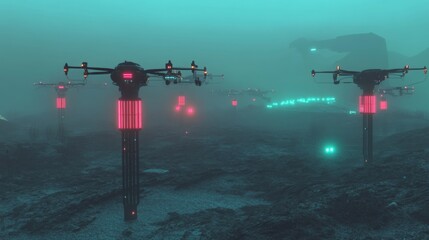 Obraz premium High-tech quarantine zone with glowing containment fields and autonomous sterilization drones