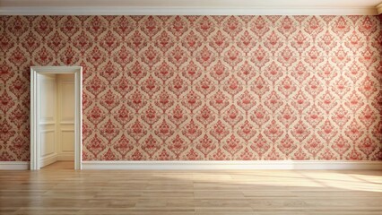 Empty Room with Elegant Red and Beige Damask Wallpaper and White Door