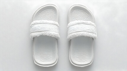Fluffy white slippers on white background, comfy home footwear, minimalist interior.