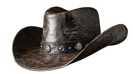 Stylish cowboy hat with intricate design, isolated on a white background.