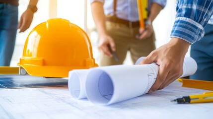 Construction planning with blueprints and safety gear in an office setting.