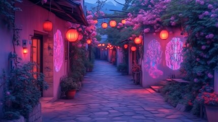 Fototapeta premium Enchanting Alleyway Lit by Lanterns and Flowers