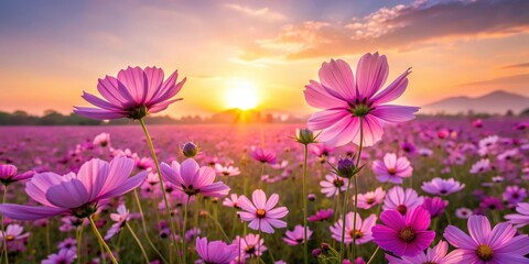 Fototapeta premium Beautiful Cosmos Flower Field at Dawn , purple flowers, landscape, purple flowers