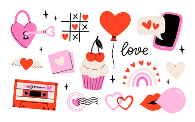 Valentine's Day set with heart and other elements on a white background. Valentine's day, wedding and love concept. Vector illustrations