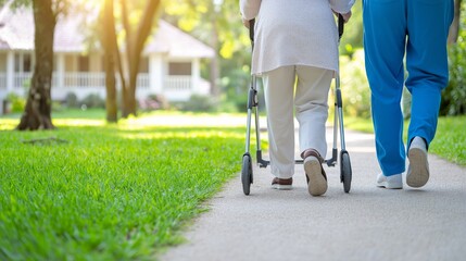 Elderly caucasian female with walker and caregiver on sunny park path