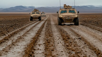 Obraz premium Military Convoy Traveling on a Muddy Road in a Desert Landscape