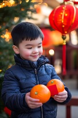 Fototapeta premium Cheerful Boy Participating in New Year Scavenger Hunt with Festive