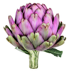Fototapeta premium Vibrant artichoke with purple and green hues, isolated on a white background.