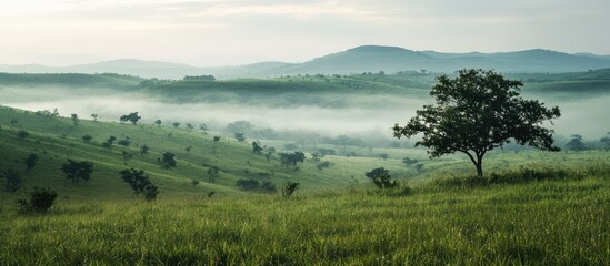 Misty morning landscape with lone tree on grassy hill.