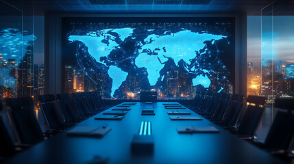 modern meeting room with large digital world map display, surrounded by sleek chairs and cityscape view, creates futuristic and professional atmosphere
