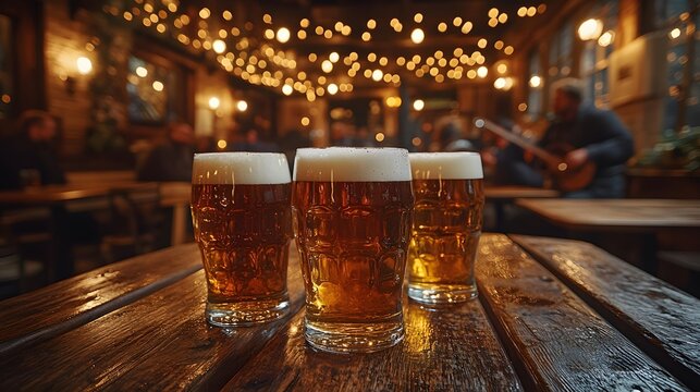 A rustic wooden table with glasses of beer and Irish folk musicians in the background, creating a fun and festive atmosphere