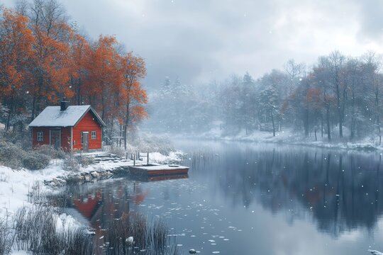 Red wooden cabin reflecting on snowy lake during light snowfall - Powered by Adobe