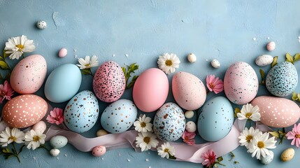 Obraz premium A colorful assortment of Easter eggs arranged artistically, surrounded by ribbons, flowers, and soft pastel decor