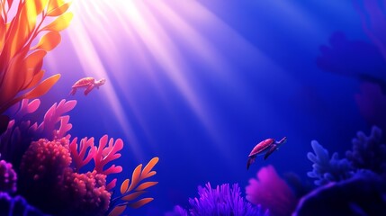 A vibrant underwater scene featuring turtles and colorful coral.