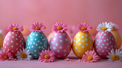 Fototapeta premium A creative arrangement of multi-colored Easter eggs with a floral pattern, set against a bright, cheerful background
