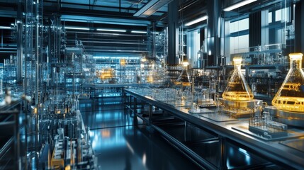 Massive futuristic pharmaceutical lab with glowing automated chemical mixing systems