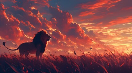 A majestic lion stands beneath a fiery sky, bathed in warm hues of red and orange. Its regal presence contrasts with the intense backdrop, creating a surreal and captivating scene.