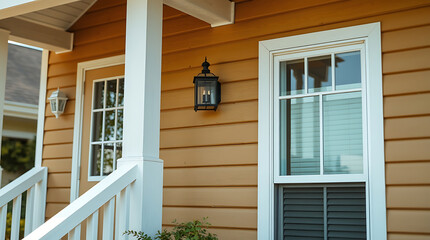 A tan house exterior features a white front porch, white-framed windows and door, and a black wall-mounted lantern. The siding is horizontal, and the image focuses on the front entrance area.
