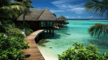 Fototapeta premium Tropical Overwater Bungalows, Paradise Beach, Relaxation, Vacation