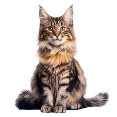 Fototapeta premium a majestic maine coon cat sits elegantly against a white background. showcasing its long fur. tufted ears. and striking green eyes. embodying the beauty and charm of this popular feline breed