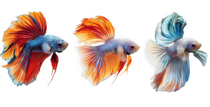three vibrant betta fish. each displaying stunning colors and flowing fins. set against a white background the fish are arranged in a line. showcasing their unique patterns and hues. emphasizing their