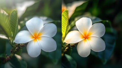 Fototapeta premium Tropical flower before & after photo editing, sunlight, green foliage, design