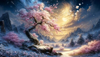 A Serene, Horizontally-Oriented Fantasy Painting Illustrating a Snowy Landscape with Cherry Blossoms Under Golden Moonlight