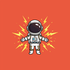 A cute cartoon astronaut stands amidst yellow energy bolts against an orange background.