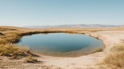 Serene desert pond reflecting mountains under a clear sky.