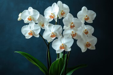 Beautiful white orchids arranged elegantly against a dark background showcasing delicate floral features and green leaves