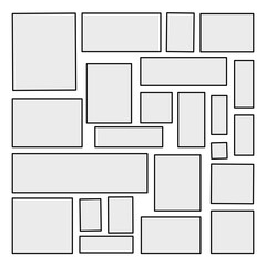 Irregular empty frame composition isolated on transparent background, arrangement of square frames, rectangle template, tile pattern, vector illustration.