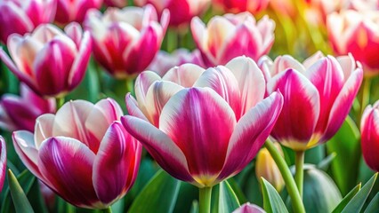 Fototapeta premium Top View Blooming Bicolor Tulips, White Pink Flowers, Spring Flowers, Floral Photography, Garden Flowers, Close Up Tulips