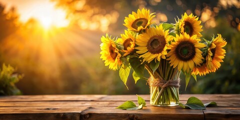 Freshly cut bouquet of sunflowers standing alone on a rustic wooden table with a soft focus effect and warm lighting