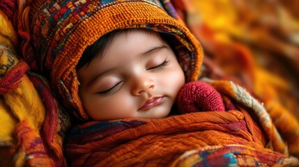 Close up portrait of a newborn Indian baby wrapped in a cozy swaddle with tiny mittens and hat. Serene newborn image, symbol of new beginnings.