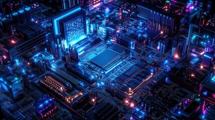 Neon Motherboard Cityscape Futuristic Tech Background