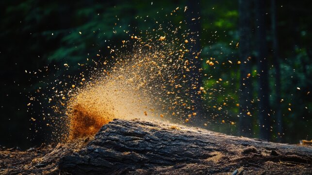 Logger Cuts Wood, Flying Sawdust in Dramatic Lighting