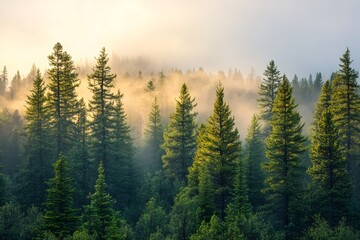 Golden mist rising through evergreen forest at sunrise