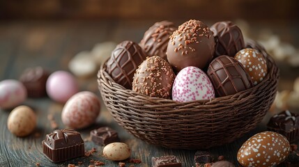 Assorted chocolate eggs and sweet candy treats arranged in a decorative basket for Easter celebration