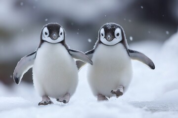 Obraz premium Two baby chinstrap penguins walking on snow in antarctica