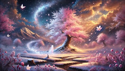 A Dreamlike Snow and Cherry Blossom Landscape Under Moonlight